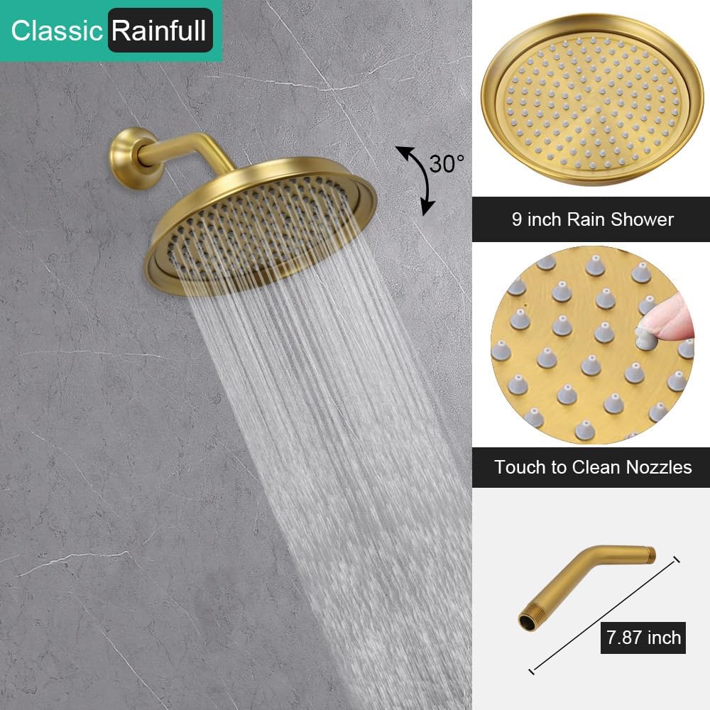 Brushed-Gold Vintage Shower-Faucet Sets, Antique Brass Shower System, Wall Mounted, 9 Rain Head and Handheld Spray, 2 Way Diverter Rough in Valve with Trim Kit